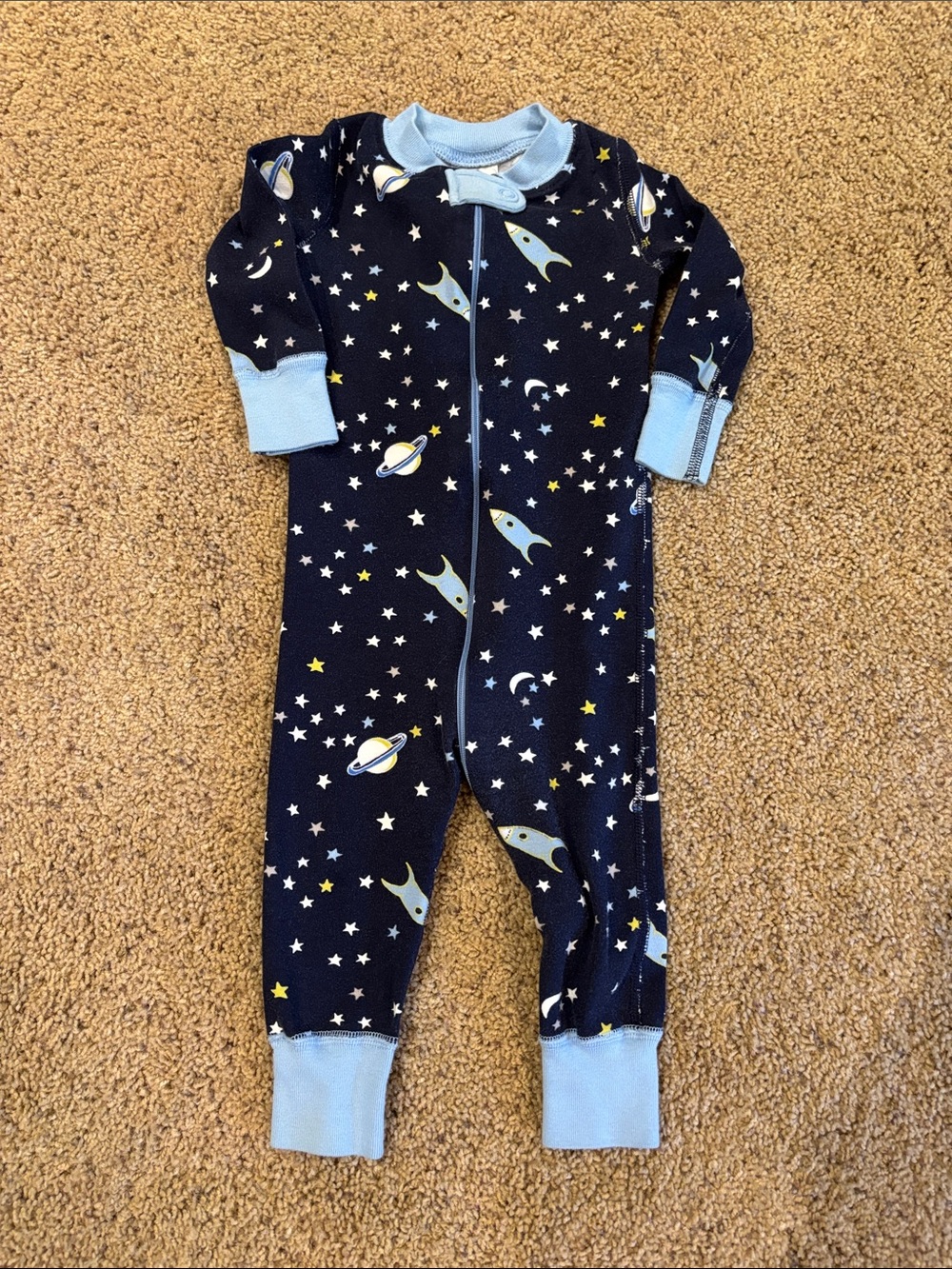 Hanna Andersson Navy Blue Space Rocket Footie with Light Blue Trim